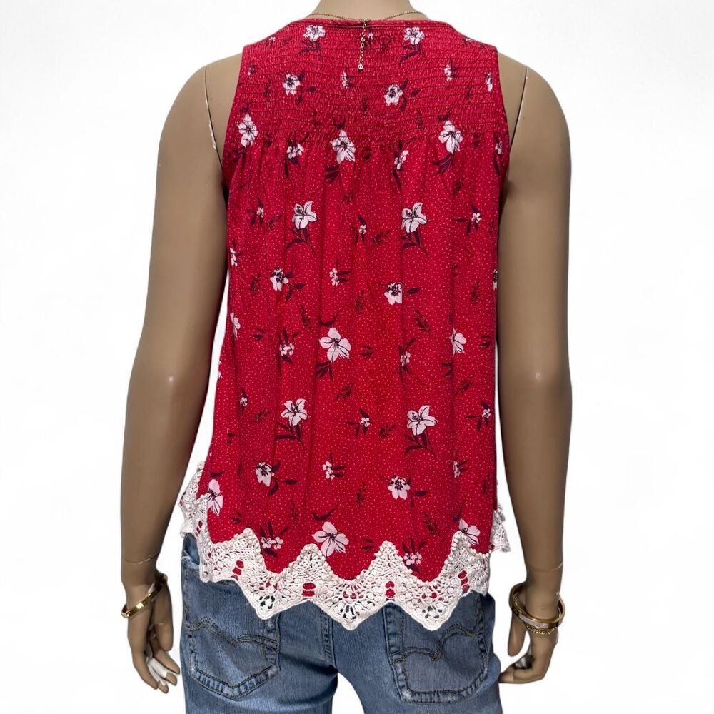 Rewind Red Floral Smocked Babydoll Tank Top Crochet Hem Women’s XS Boho - Picture 2 of 7